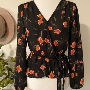 Black Floral Cinched Waist Blouse